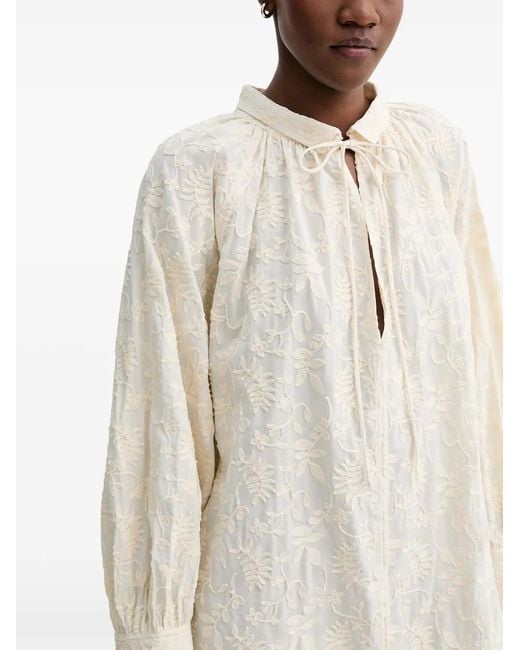 Munthe White Betulli Floral-Embroidered Long-Sleeved Tie-Neck Mini Dress