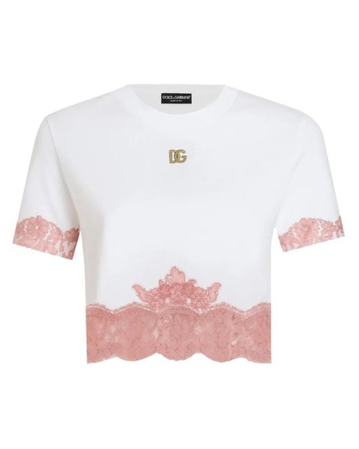 Dolce & Gabbana White Cropped T-Shirt With Dg Logo And Lace Inserts