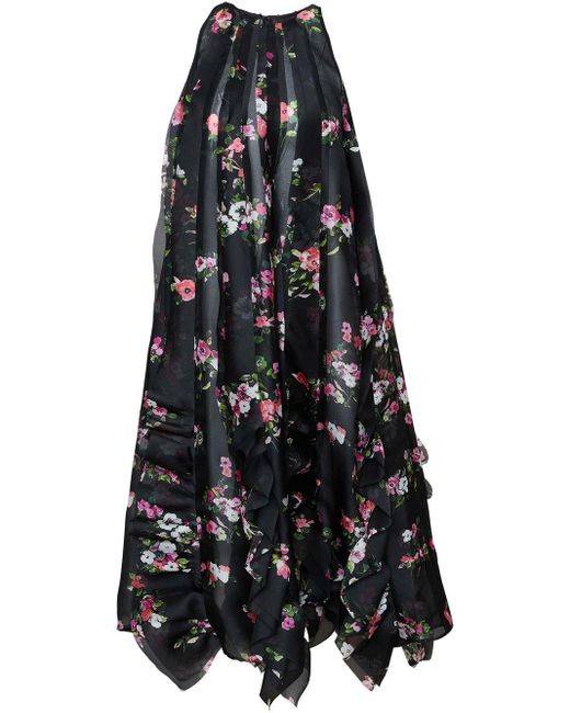 Carolina Herrera Silk Ruched Floral-print Dress in Black | Lyst