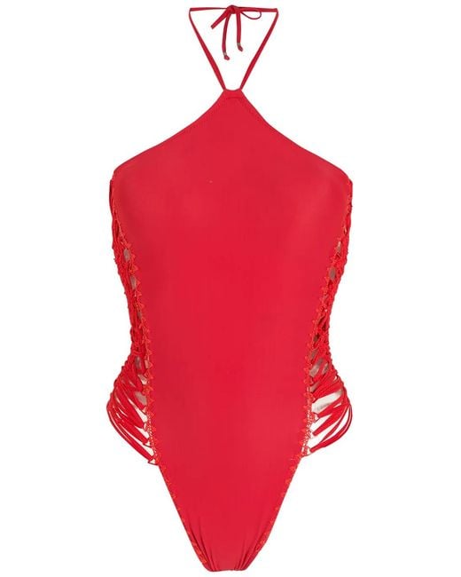Amir Slama Red Macreme-Details Swimsuit