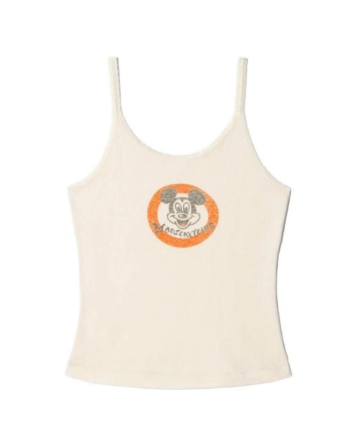 Re/done White 70's Graphic-Print Lace-Trim Top