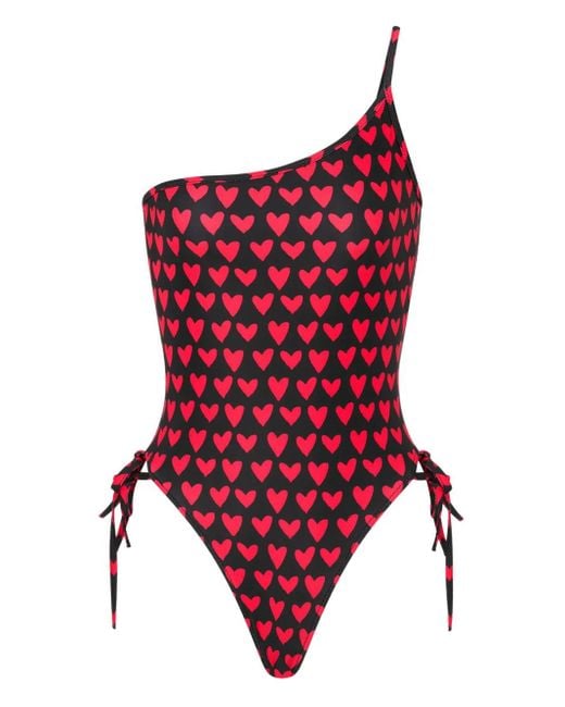 Moschino Red Heart-Print One-Shoulder Swimsuit