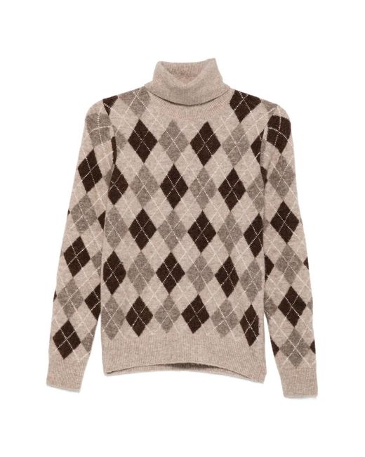 P.A.R.O.S.H. Brown Argyle-Knit Roll-Neck Sweater
