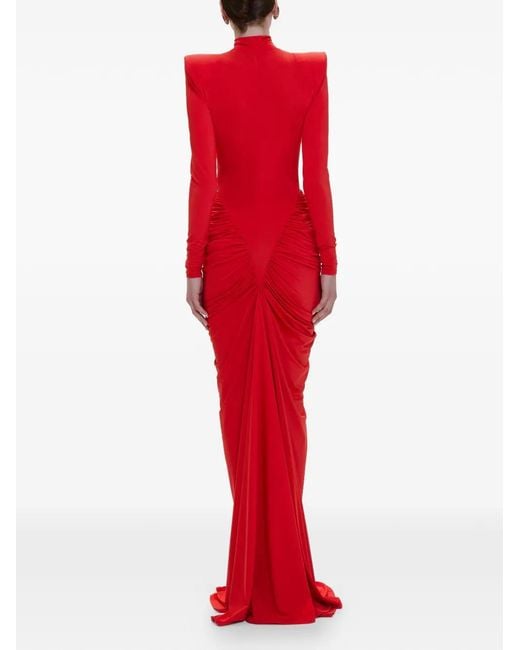 V:PM ATELIER Red Adwa Padded-Shoulder Ruched Maxi Dress