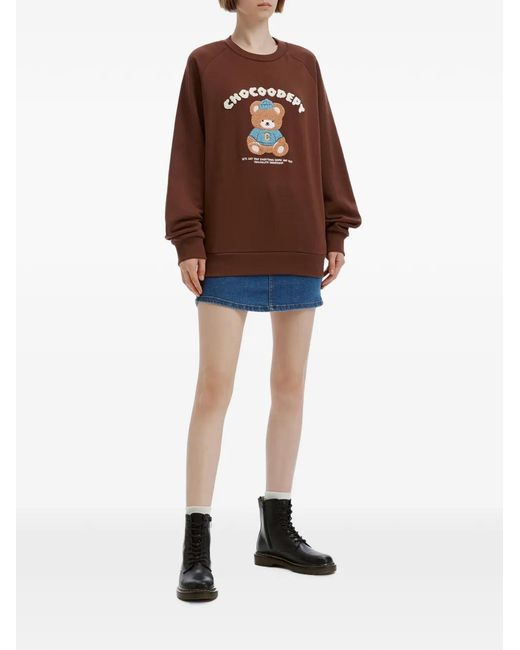 Chocoolate Brown Bear-Patch Long-Sleeve Sweatshirt