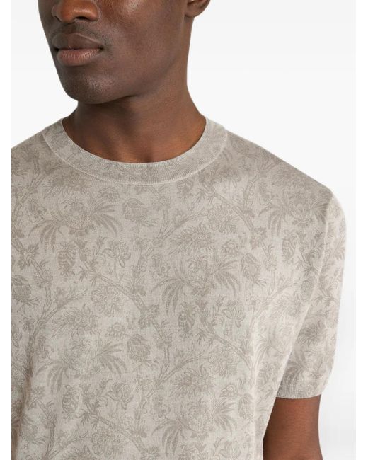 Etro Gray Knit Wool And Silk T-Shirt With Floral Paisley-Motif for men