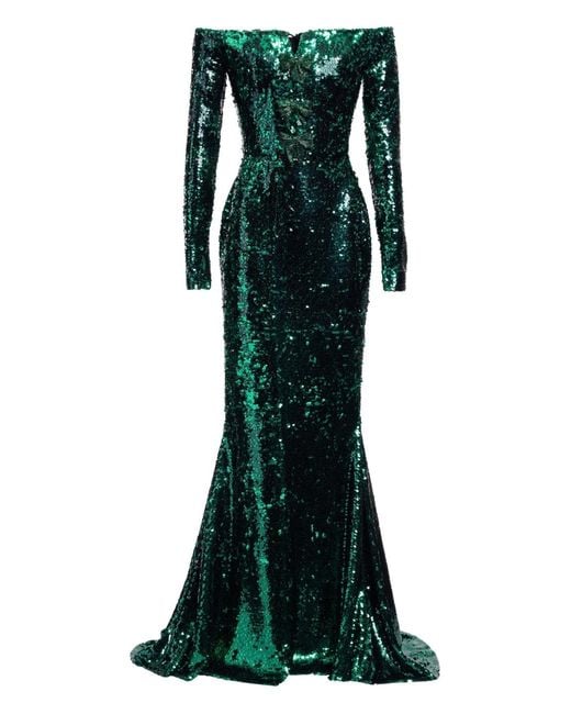 Elie Saab Green Embellished Off-The-Shoulder Maxi Dress