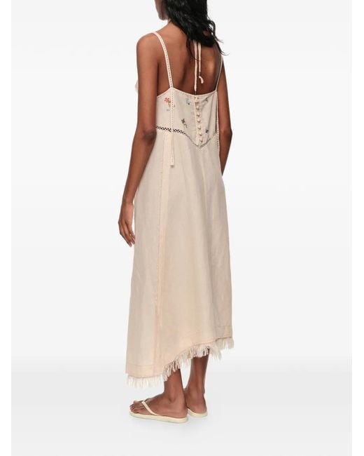 Bimba Y Lola Natural Sand Linen A-Line Mini Dress With Embroidery