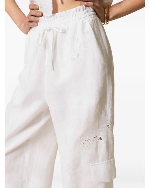 Twinset White Linen And Broderie Anglaise Jogger Trousers