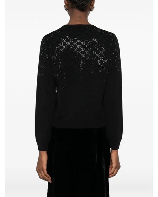 Gucci Black Fine Wool Cardigan With Gg Crystals