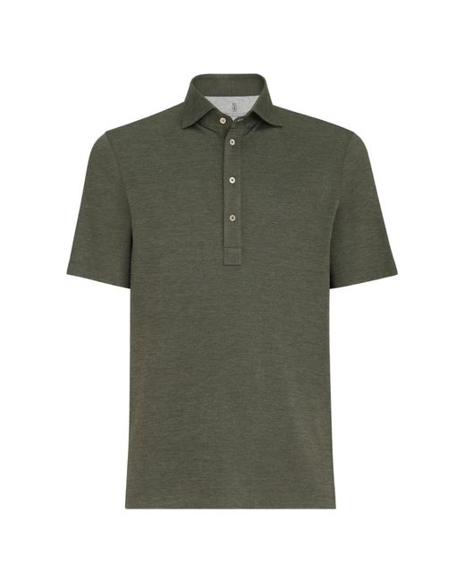 Brunello Cucinelli Green Virgin Wool, Silk And Cotton Piqué Polo Shirt With Spread Collar for men