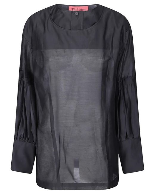 Thelatest Black Sheer Puff-Sleeve Blouse