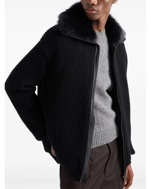 Prada Black Faux-Fur Collar Cardigan for men