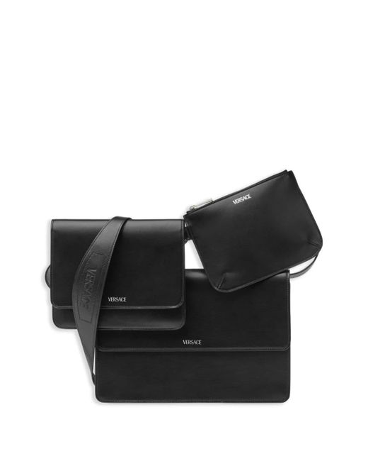 Versace Black Leather Messenger Bag Set for men