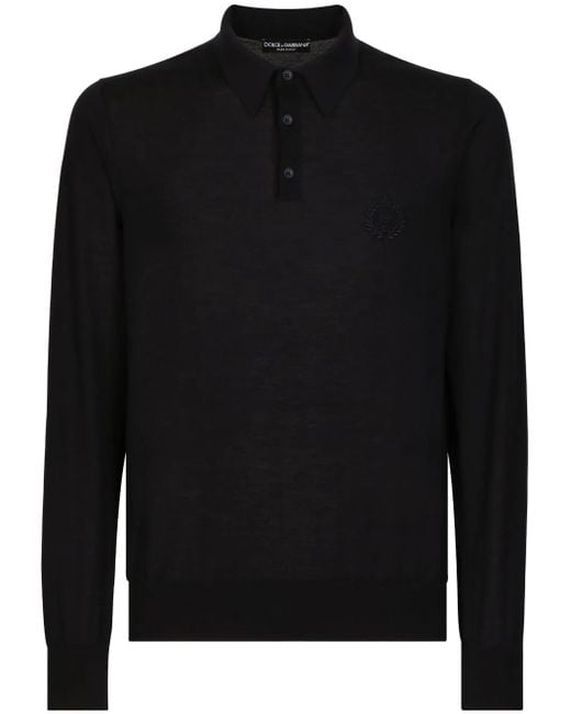 Dolce & Gabbana Black Logo-Embroidered Cashmere Polo Shirt for men