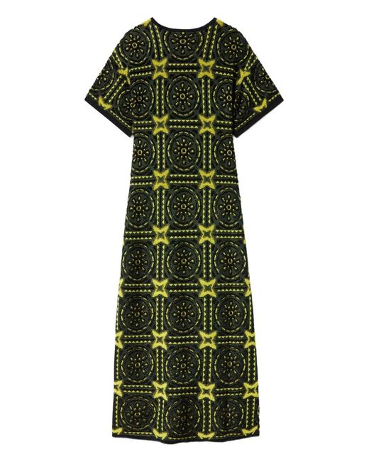 LaDoubleJ Green Geometric-Embroidered Midi Dress