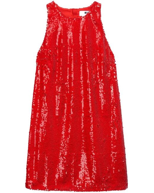MSGM Red Halterneck Sequin Mini Dress With Side Pockets