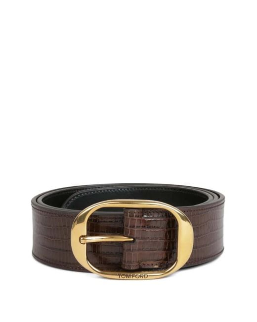 Tom Ford Brown Embossed-Leather Oval-Buckle Belt for men
