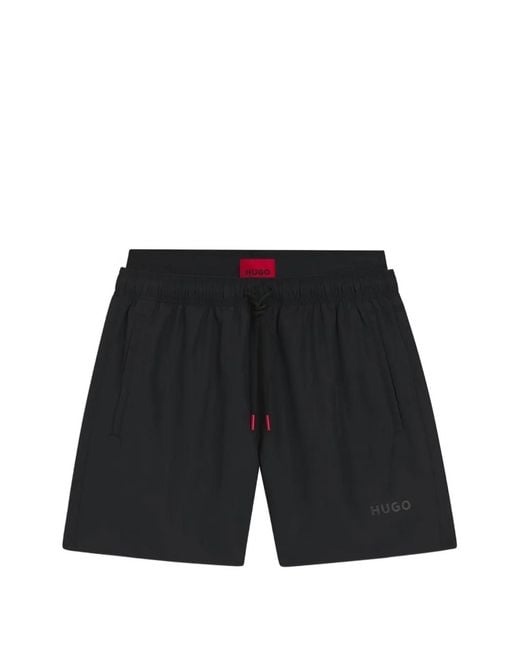 HUGO Black Logo-Patch Drawstring Swim Shorts for men