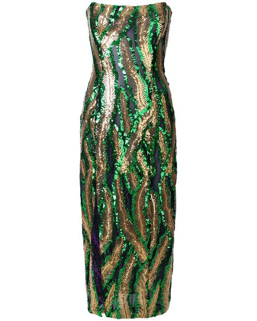 Halpern Green Strapless Sequined Side-slit Midi Dress