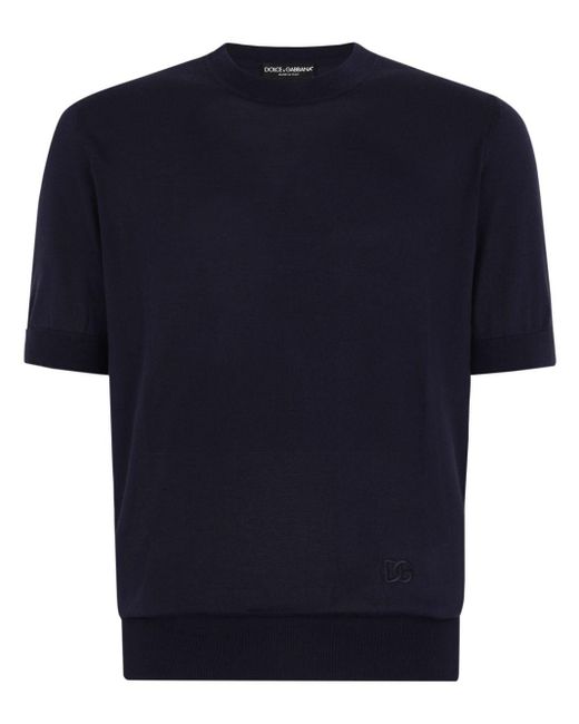 Dolce & Gabbana Blue Logo-embroidered Silk Knitted Top for men