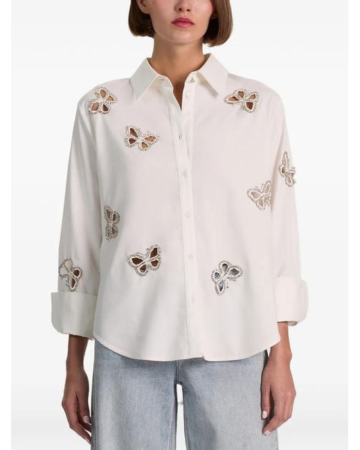 Alice + Olivia White Finely Crystal-Embellished Cutout Shirt