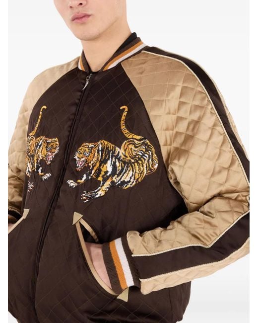 Roberto Cavalli Brown Tiger-Embroidered Quilted Bomber Jacket for men