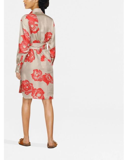 Ferragamo Red Floral Print Belted Shirt Dress