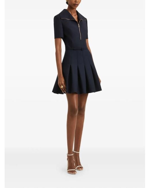 Oscar de la Renta Blue Zip-Front Pleated Mini Dress