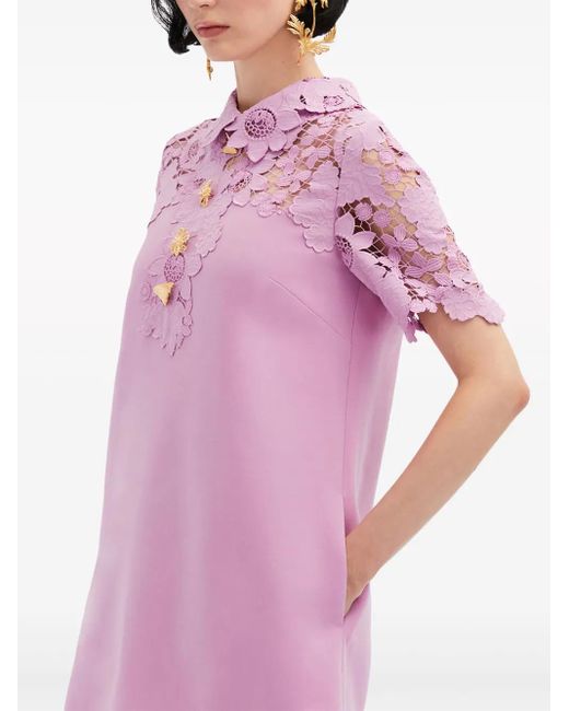 Oscar de la Renta Pink Lace-Trimmed Wool-Blend Minidress