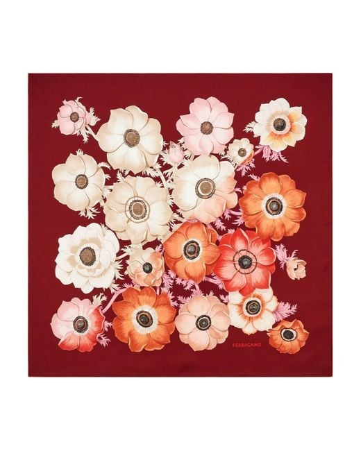 Ferragamo Red Anemone Print Silk Scarf