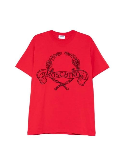 Moschino Red Graphic Silk-Nylon T-Shirt With Wreath Design for men