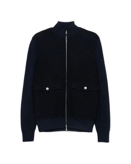 Eleventy Blue Ribbed-Knit Panelled Jacket for men
