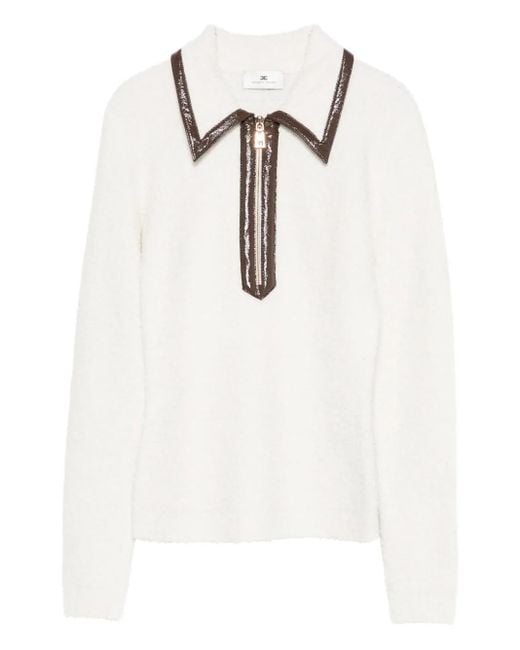 Elisabetta Franchi White Zip-Front Collar Sweater