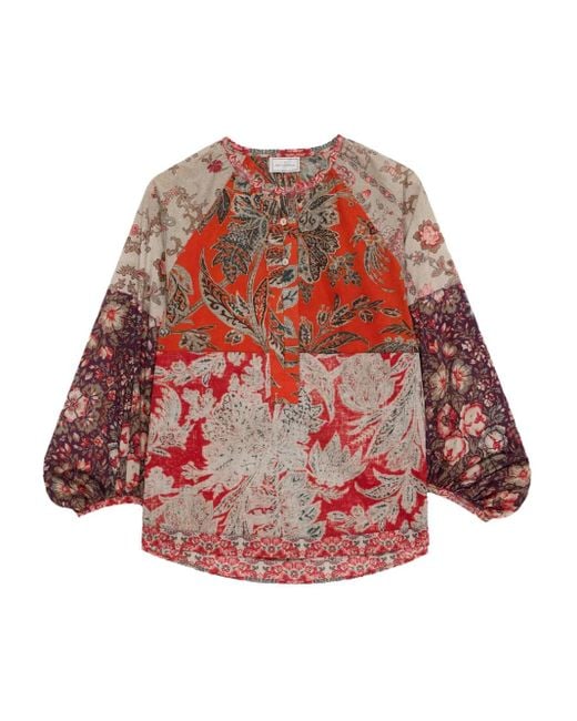 Pierre Louis Mascia Red Dante Patchwork Balloon-Sleeve Shirt