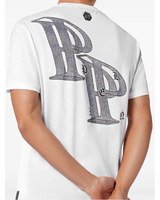 Philipp Plein White Rhinestone-Embellished Cotton T-Shirt for men