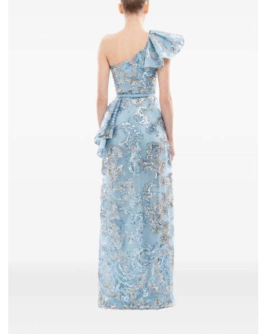 Saiid Kobeisy Blue Ruffled Sequin-Embroidered Maxi Dress