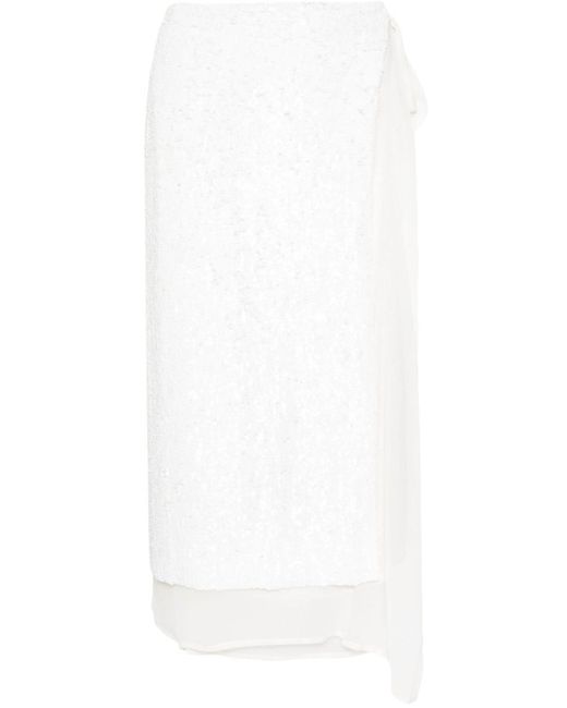 P.A.R.O.S.H. White Sequinned Wrap Midi Skirt