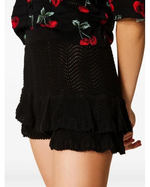 Twinset Black Knit Shorts With Ruffles