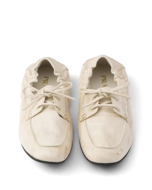 Prada White Shuffle Antiqued Leather Boat Shoes