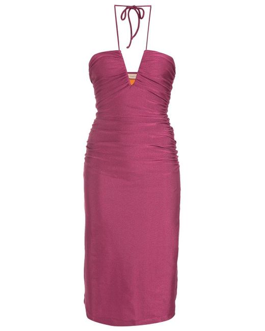 Adriana Degreas Purple Ruched Halterneck Mini Dress