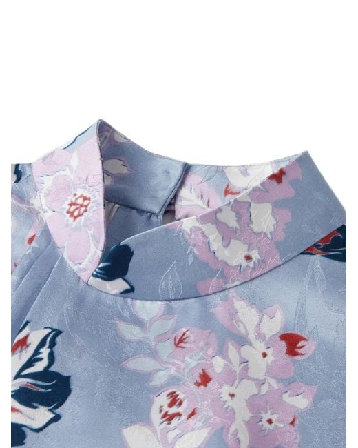 Shanghai Tang Blue Floral-Print Silk Midi Dress