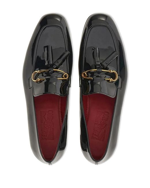 Ferragamo Black Gancini-Plaque Leather Loafers for men