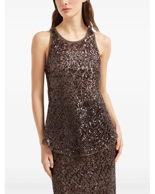 Brunello Cucinelli Brown Sequin-Embellished Mesh Top