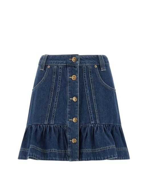 Farm Rio Blue Ruffled Button-Front Denim Mini Skirt