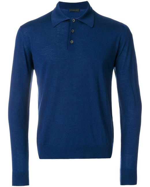 Prada Blue Long Sleeve Polo Shirt for men