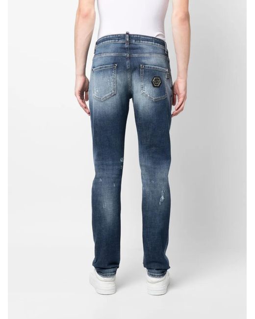 Philipp Plein Blue Logo-Patch Straight-Leg Jeans for men