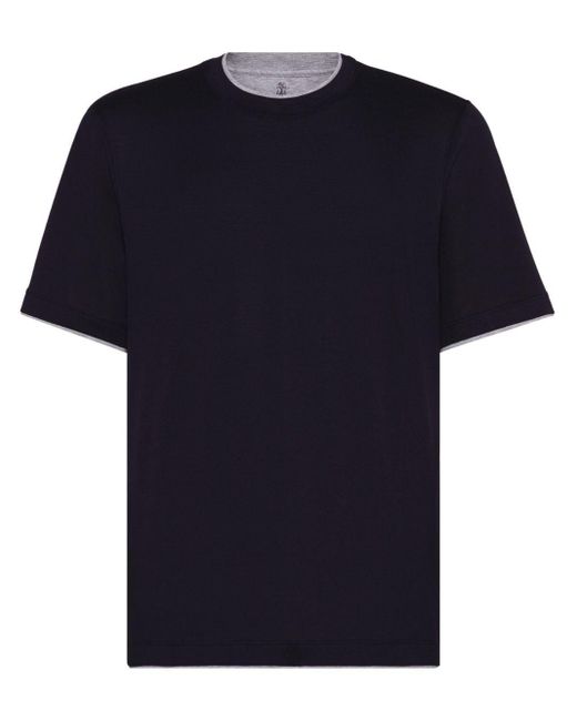 Brunello Cucinelli Blue Contrasting-trim Jersey T-shirt for men