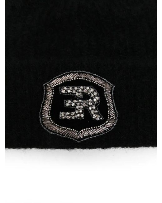 ERMANNO FIRENZE Black Logo-Patch Knit Beanie Hat