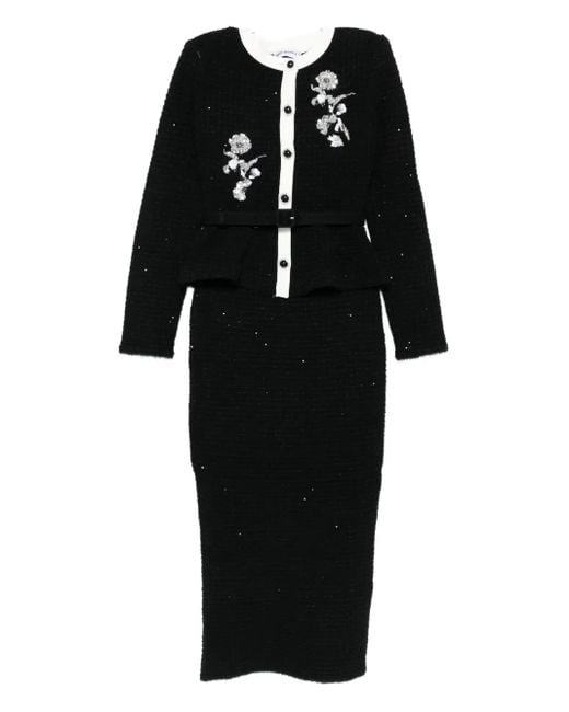 Self-Portrait Gebreide Midi-Jurk Met Bloemenprint in het Black
